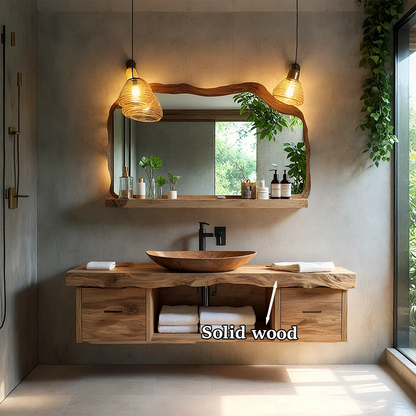 Rustic boho elm floating bathroom vanity with open shelf storage