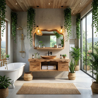 Natural elm floating bathroom vanity with wooden vessel sink