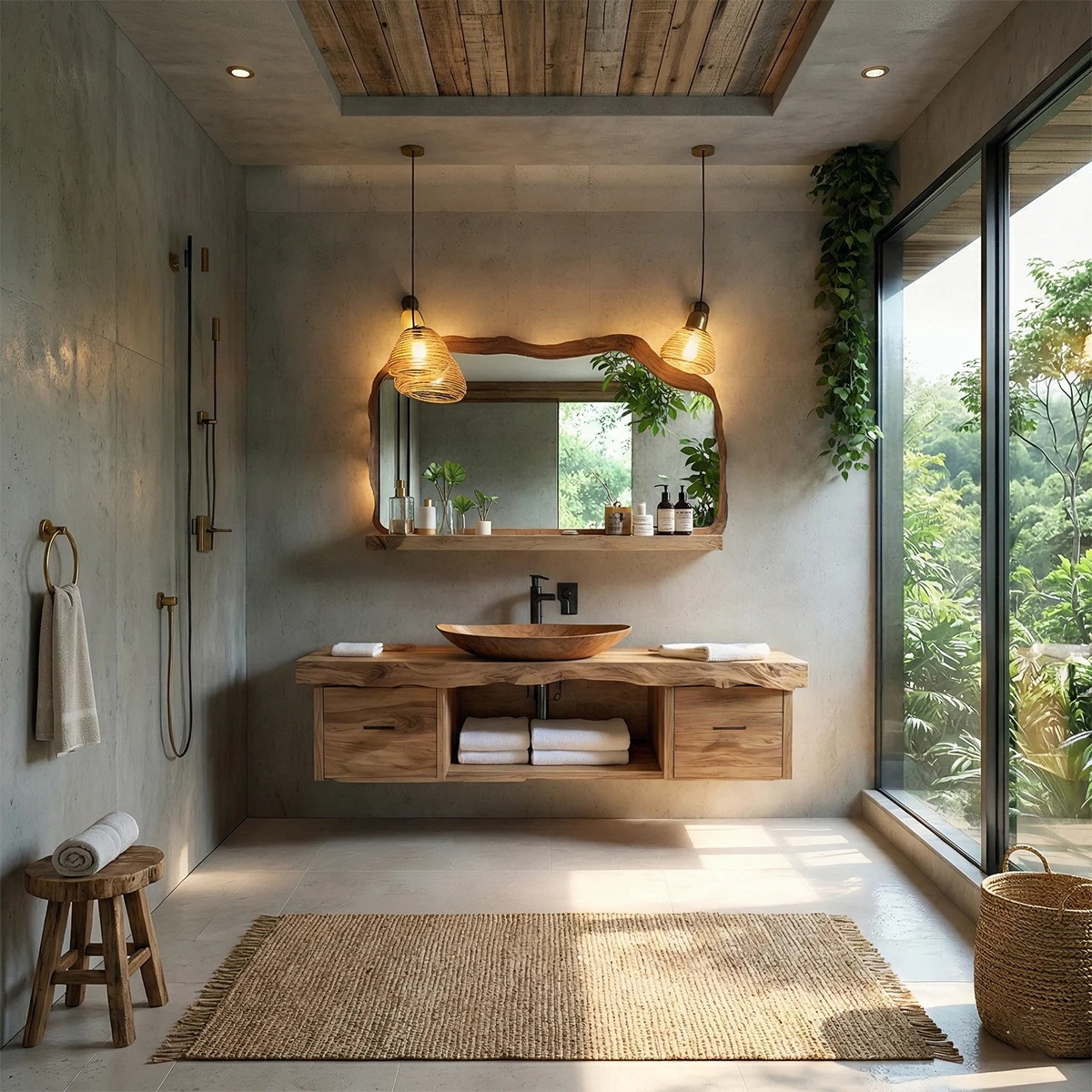 Boho style elm floating bathroom vanity with open towel shelf
