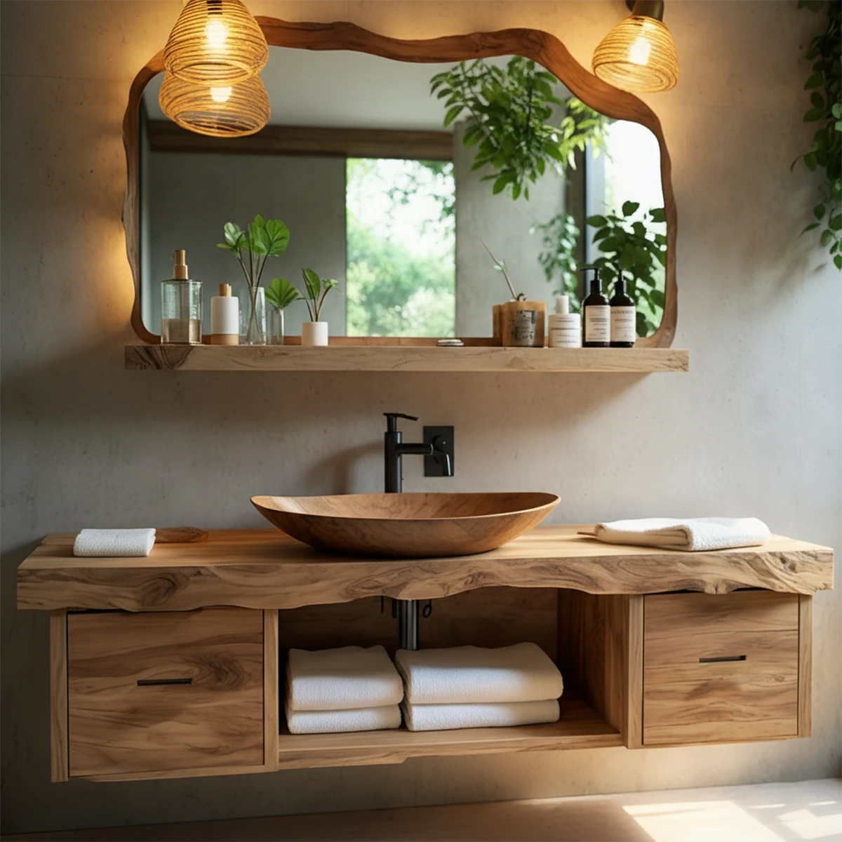 Solid elm floating bathroom vanity with natural wood grain texture