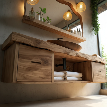 Wall mounted elm floating bathroom vanity with live edge countertop