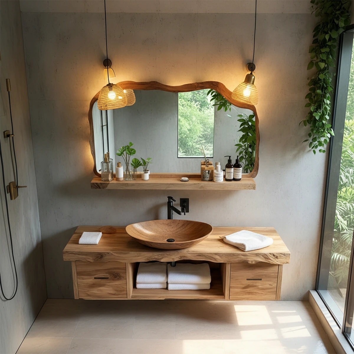 Organic elm floating bathroom vanity with wooden bowl basin