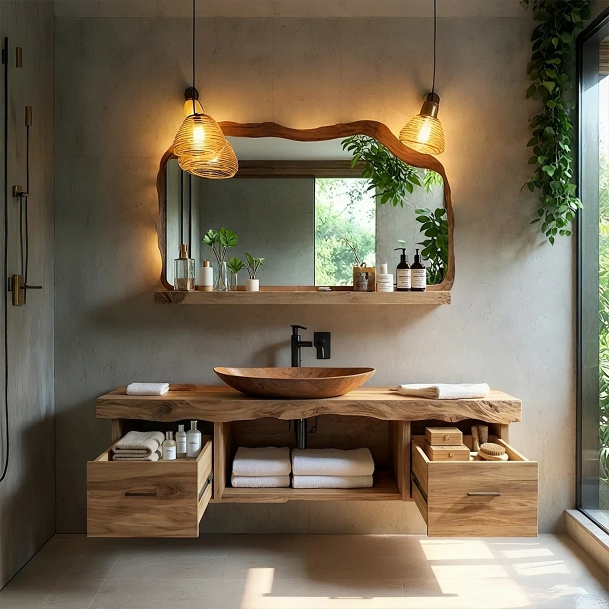 Designer elm floating bathroom vanity with storage drawers