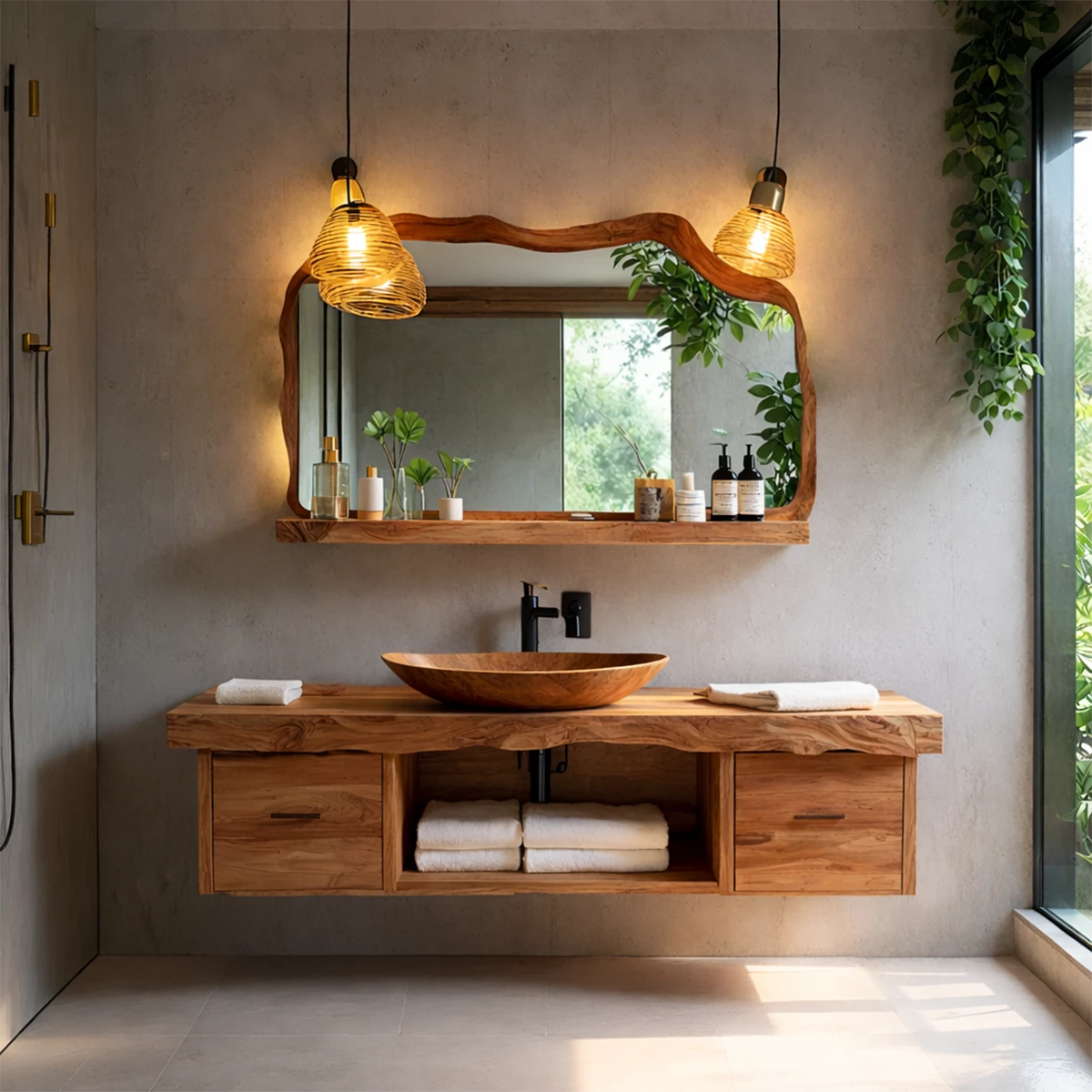 Elegant elm floating bathroom vanity with natural wood finish