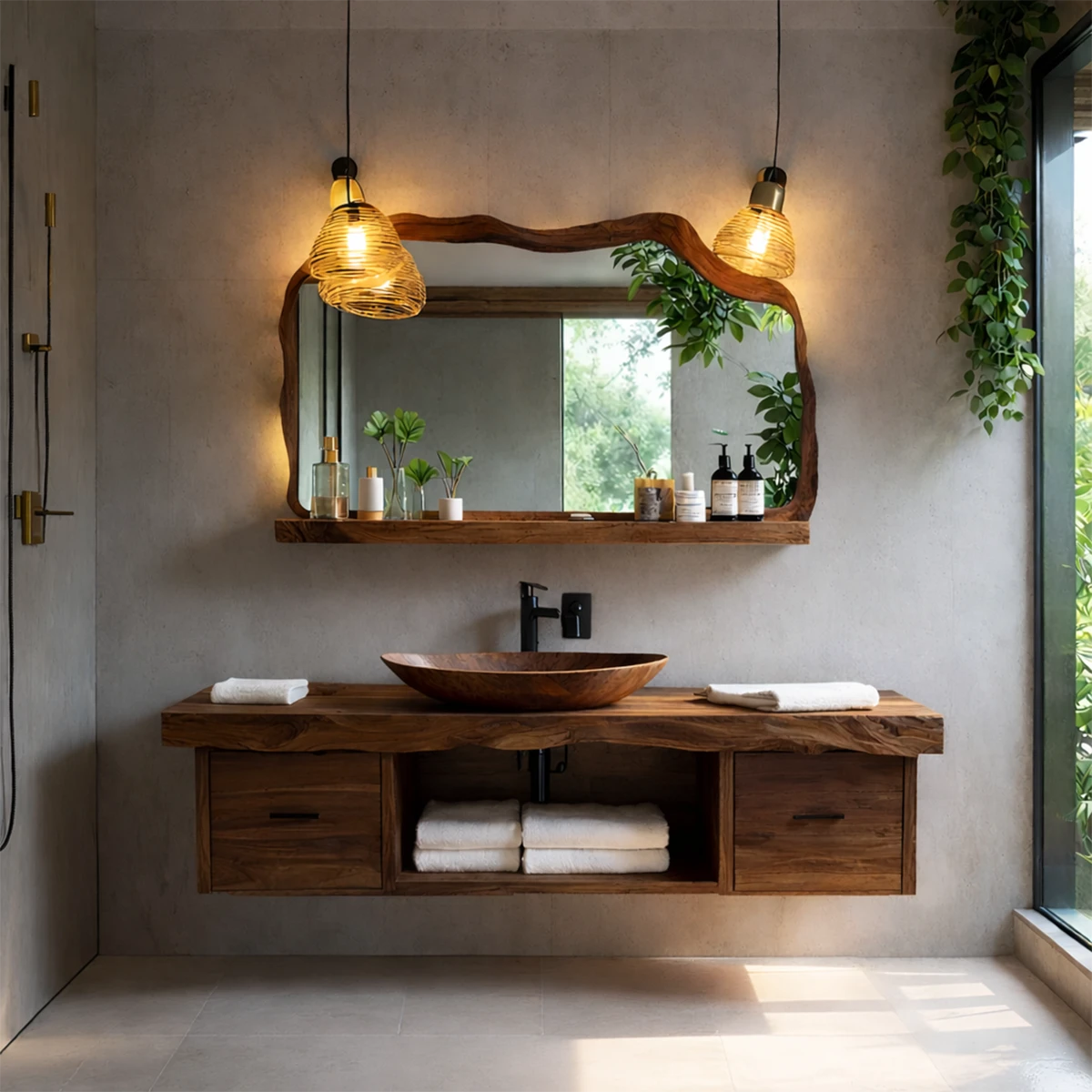 Modern boho elm floating bathroom vanity with vessel sink