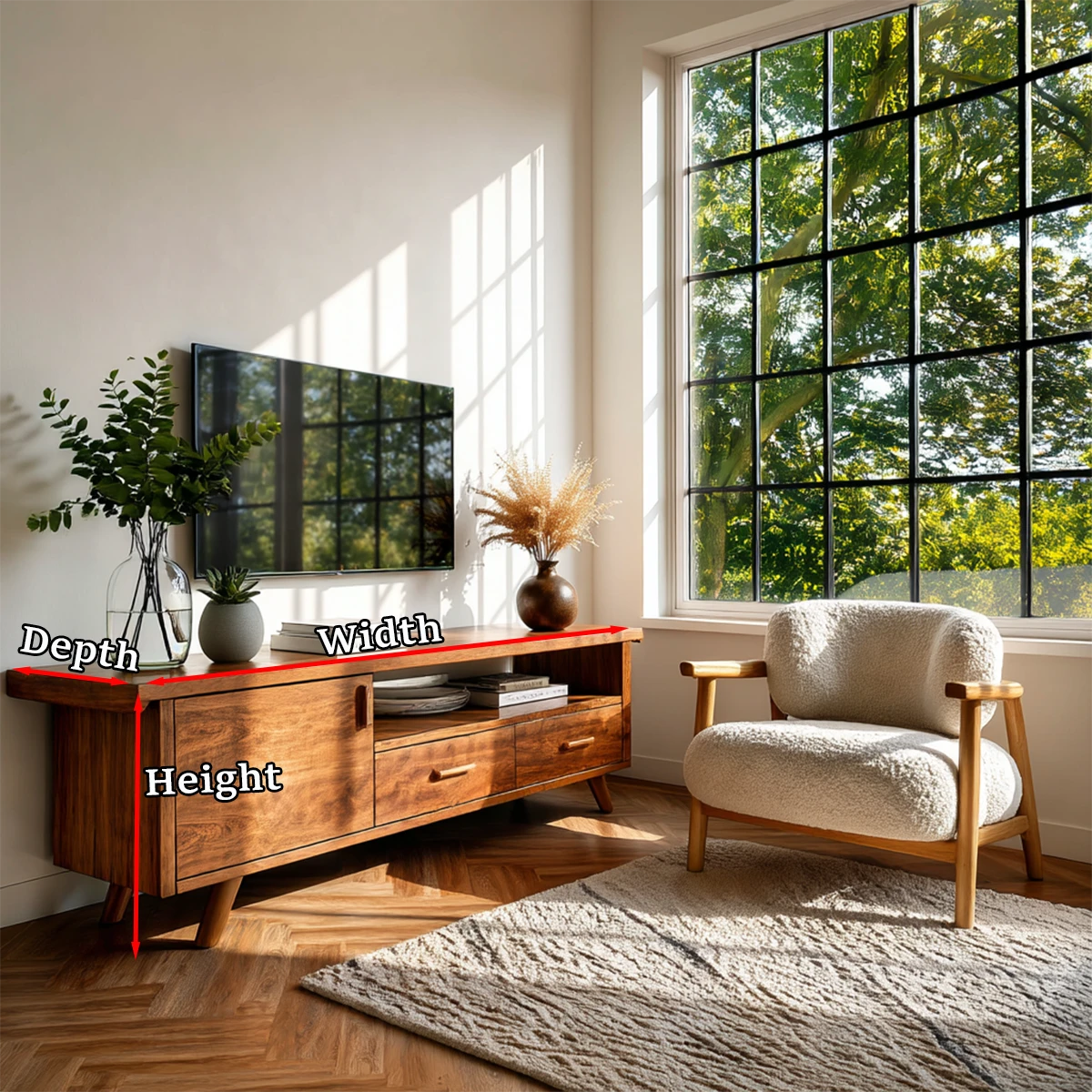 Cozy corner setup with mid century TV stand and natural wood media cabinet