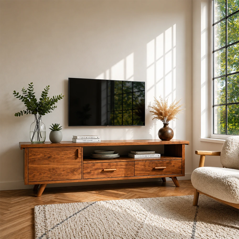 Wooden TV stand with decorative items in a living room