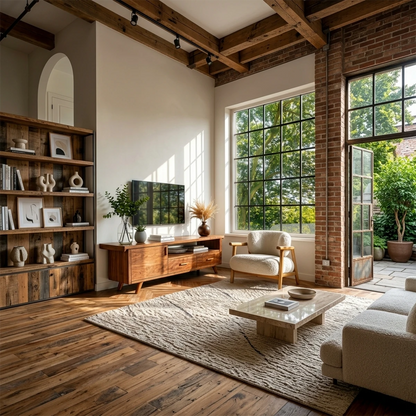 Compact TV console with drawers and sliding door in sunlit small space interior