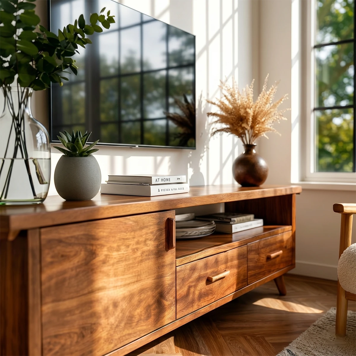 Natural wood TV stand with clean lines styled beside large window and cozy armchair