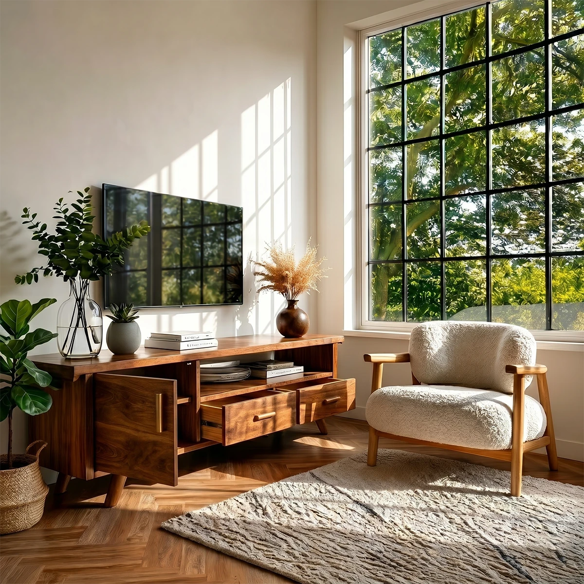 Mid century media console with storage placed in bright modern living room setting