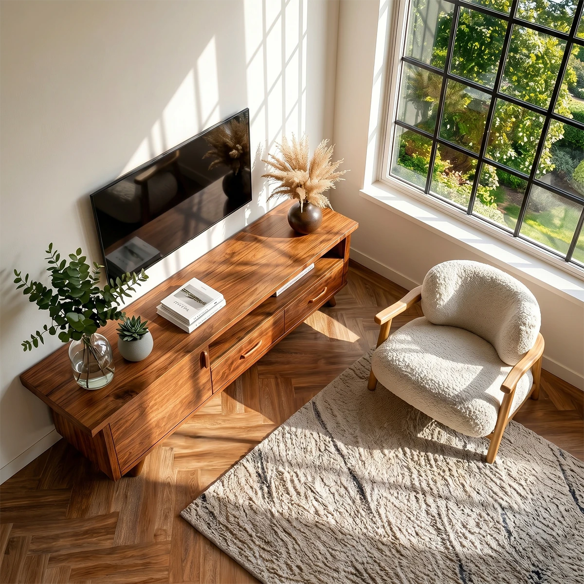 Sunlit interior featuring TV stand with drawers and open shelf for media storage
