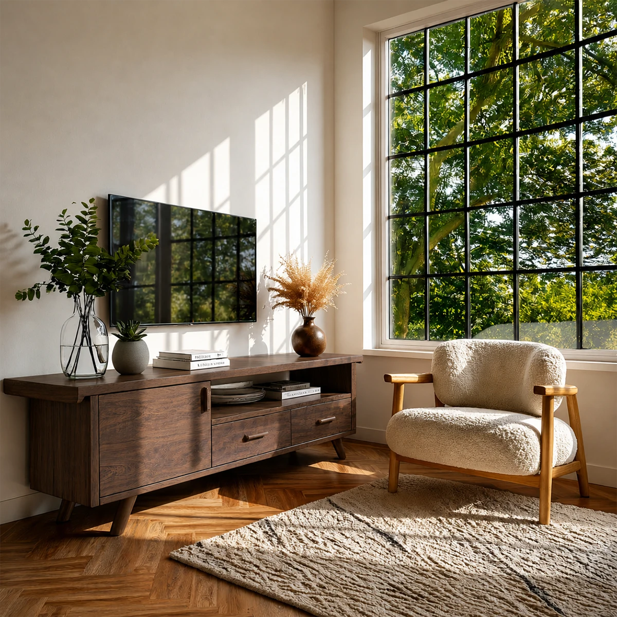 Small living space with wooden TV console and minimalist mid century design