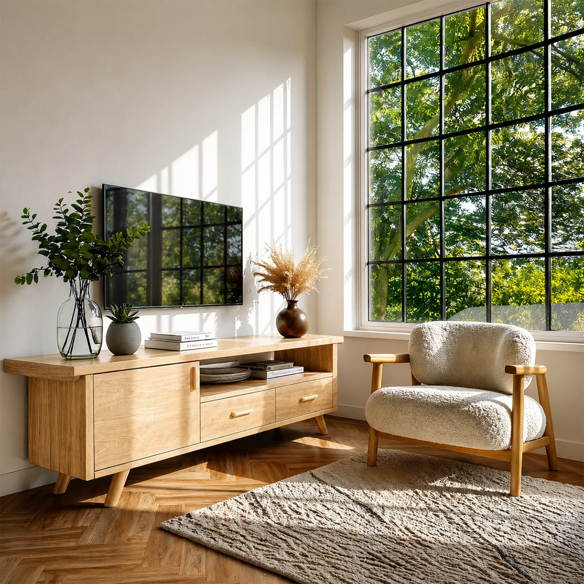 Functional media unit with sliding door and drawers in bright window-lit room