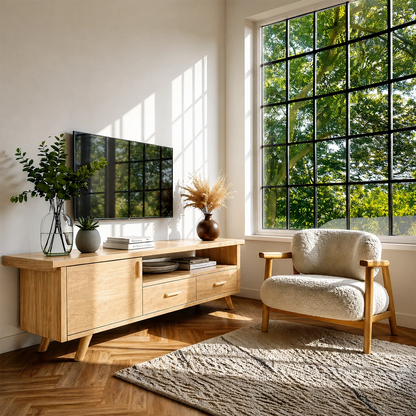 Functional media unit with sliding door and drawers in bright window-lit room