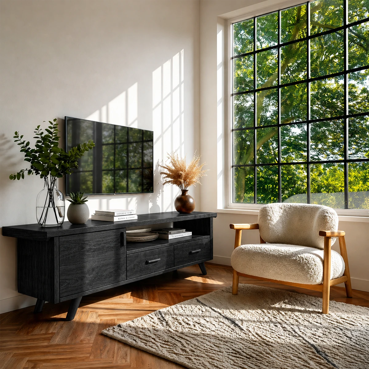 Modern living area with compact TV stand and natural wood storage solution