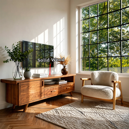 Clean design TV console with drawers positioned in warm and bright home interior