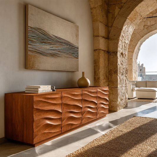 Carved wave sideboard cabinet with sculptural storage doors for luxury organic interiors