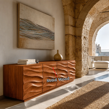 Contemporary storage cabinet with sculptural wave fronts and elegant natural grain detail