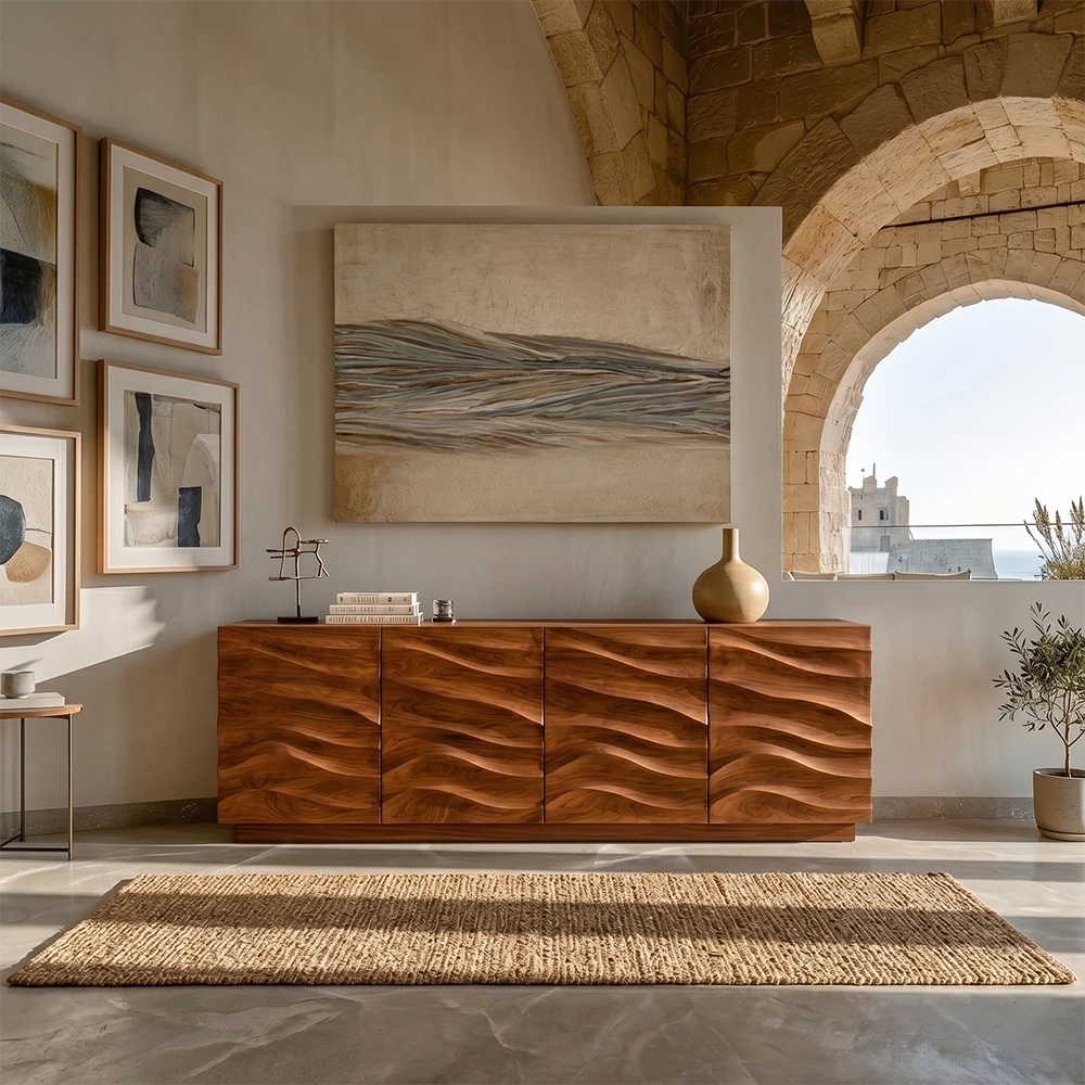 Modern sideboard storage cabinet with dimensional wave fronts and clean architectural lines