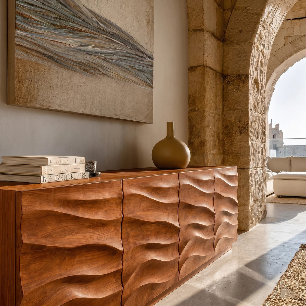 Sculptural buffet sideboard with layered carved detailing for refined living room spaces