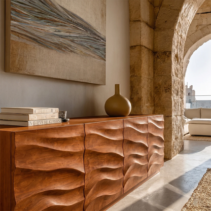 Sculptural buffet sideboard with layered carved detailing for refined living room spaces