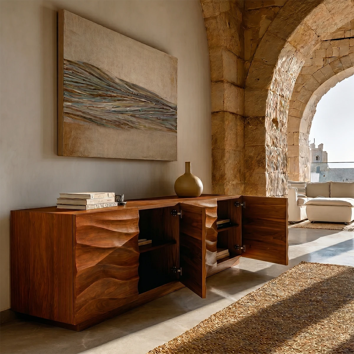 Artistic sideboard cabinet with handcrafted wave texture and concealed storage compartments