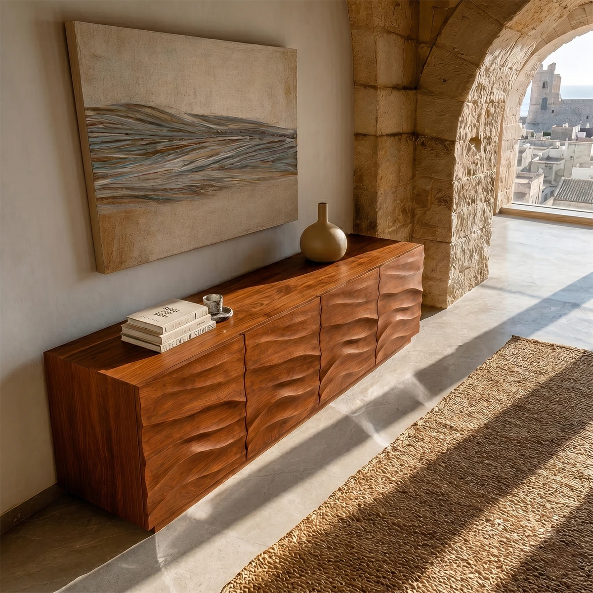 Minimalist storage sideboard with sculpted cabinet fronts and warm interior character