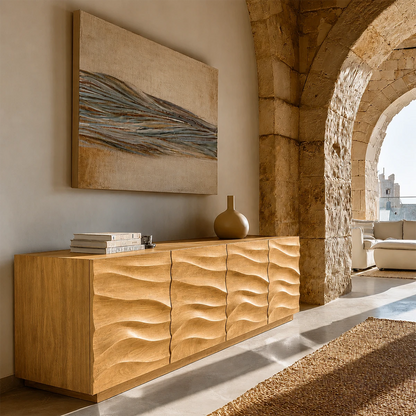 Modern sideboard cabinet featuring dimensional texture and sophisticated room presence