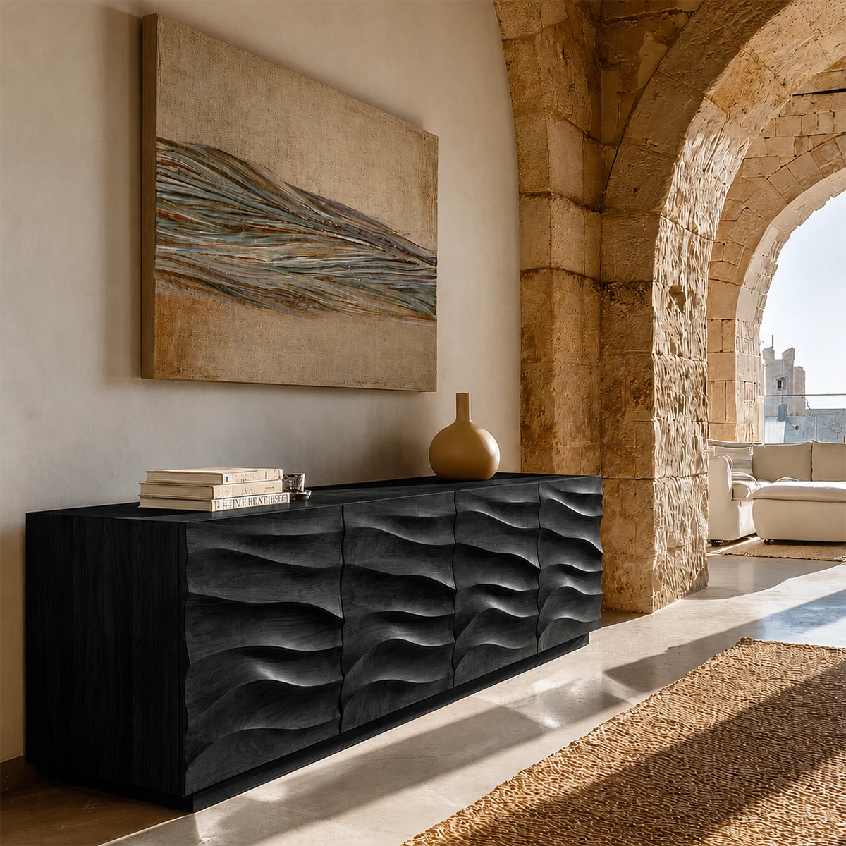 Statement buffet sideboard with organic carved detailing and minimalist architectural form