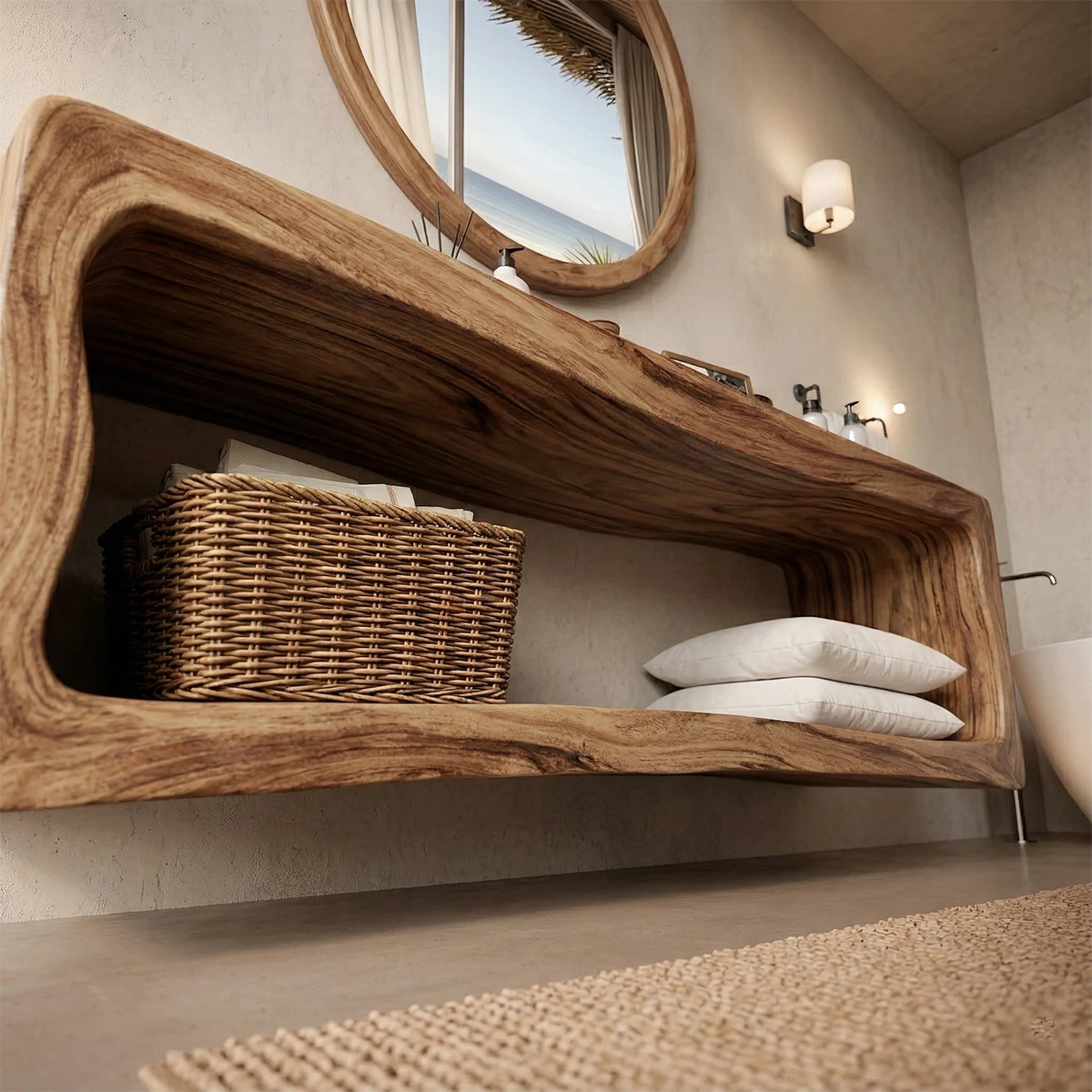 Coastal acacia floating bathroom vanity with minimalist design