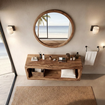 Solid acacia floating bathroom vanity with organic wood texture