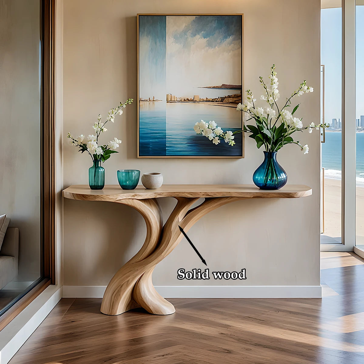 Artistic oak console table with curved wooden base