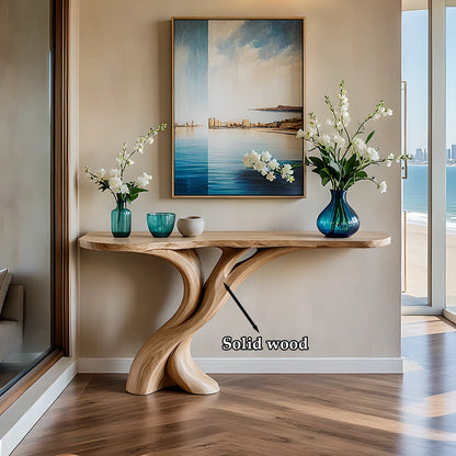 Artistic oak console table with curved wooden base