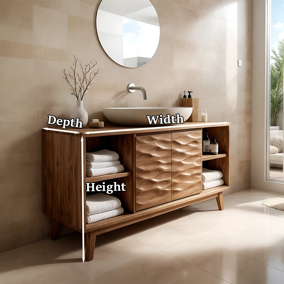 Stylish acacia bathroom vanity with sculpted wooden cabinet doors