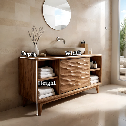 Stylish acacia bathroom vanity with sculpted wooden cabinet doors