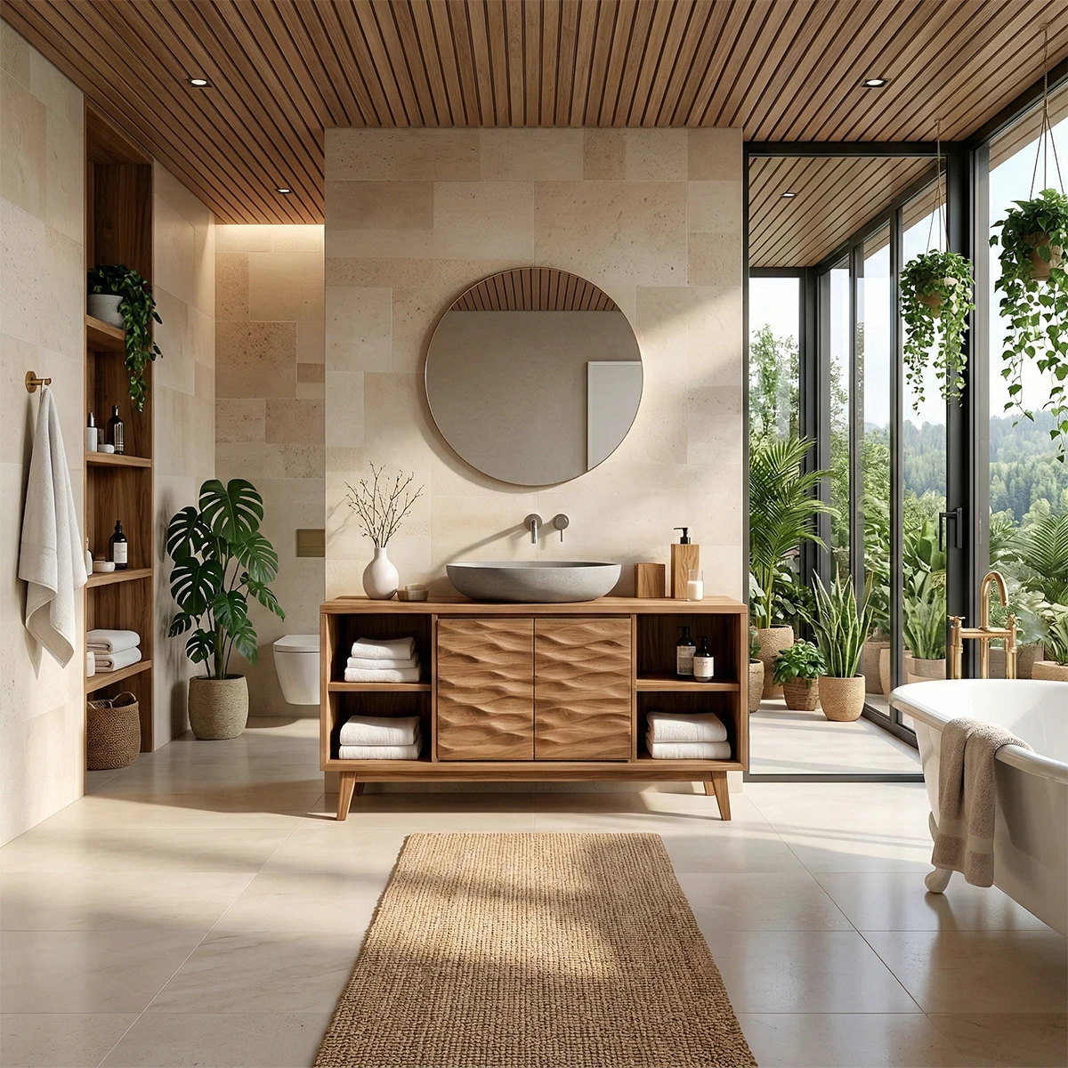 Contemporary acacia bathroom vanity with open towel storage shelves