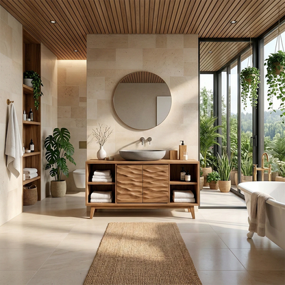 Contemporary acacia bathroom vanity with open towel storage shelves