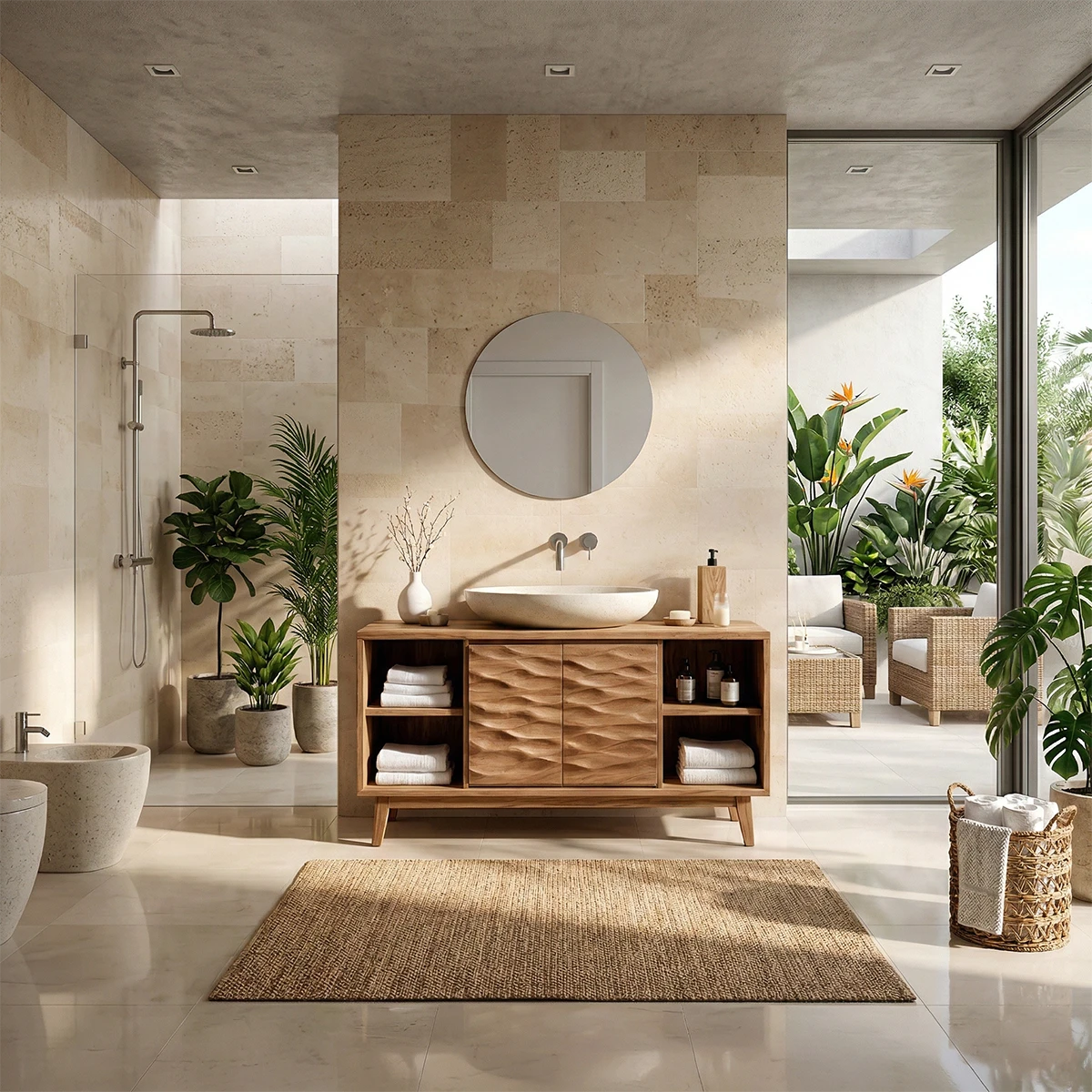 Solid acacia bathroom vanity with sculpted wave wood texture