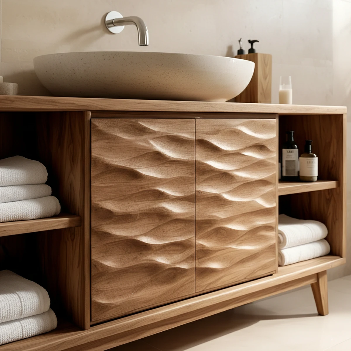 Modern acacia bathroom vanity with decorative carved wood doors