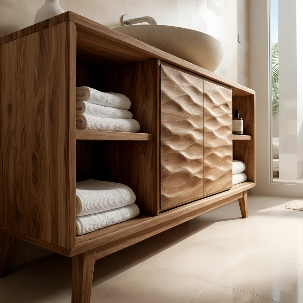 Elegant acacia bathroom vanity with natural wood grain finish