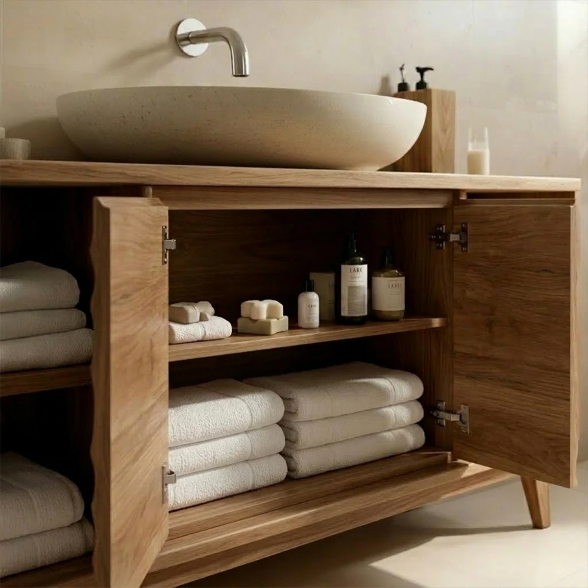 Premium acacia bathroom vanity with handcrafted carved wood pattern