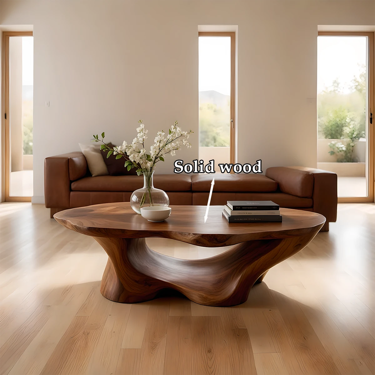 Brown coffee table with subtle curves and solid base