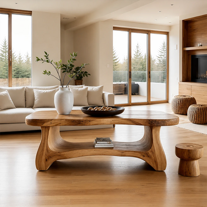 Modern living room with a wooden coffee table, sofa, and decorative items.