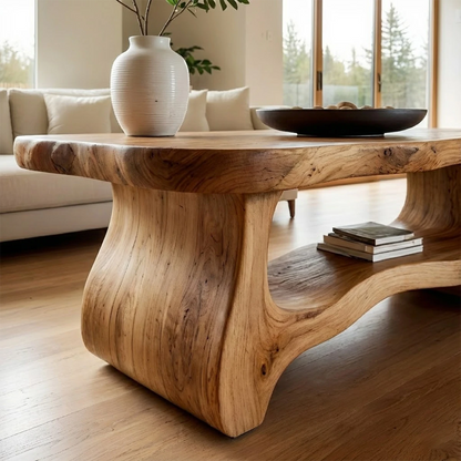 Brown coffee table with bold top and panel base