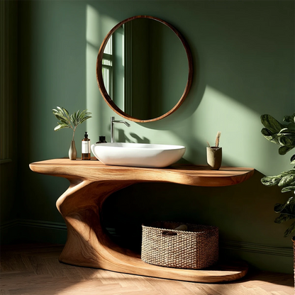 Contemporary brown wood bathroom vanity with curved base