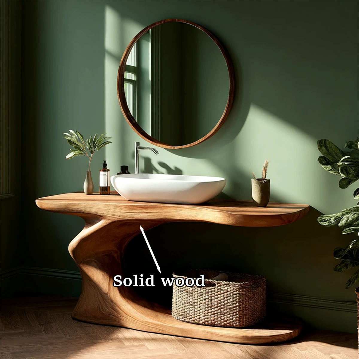 Brown wood bathroom vanity with modern sculpted form
