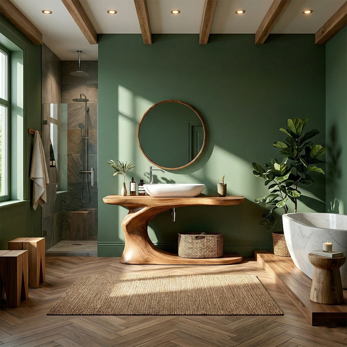 Brown wooden bathroom vanity with integrated storage shelf