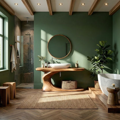 Brown wooden bathroom vanity with integrated storage shelf