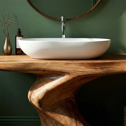 Minimalist brown bathroom vanity with curved wood frame