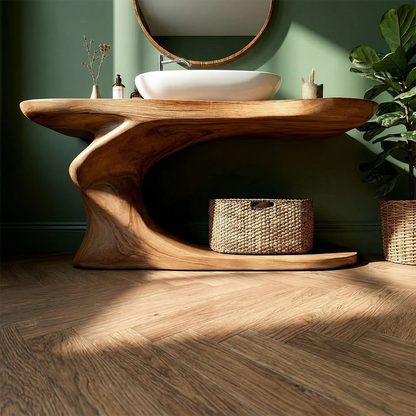 Solid brown wood vanity with open storage space